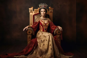 Fotobehang Regal queen with a crown on her head and a luxurious gown, seated on her throne with an elegant background, generative ai © aicandy