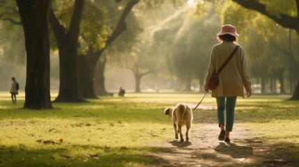 Cheerful woman walking her dog in a park on a sunny day. Generative AI.