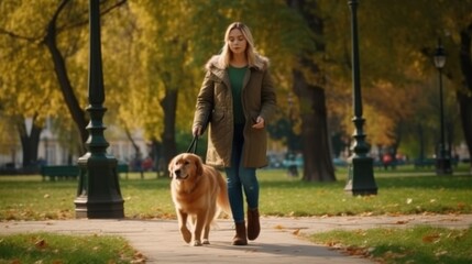 Cheerful woman walking her dog in a park on a sunny day. Generative AI.