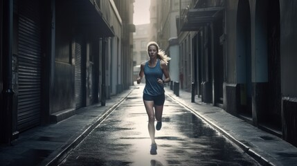 Fototapeta na wymiar Determined young woman jogging on an urban street with a serious expression on her face. Generative AI.