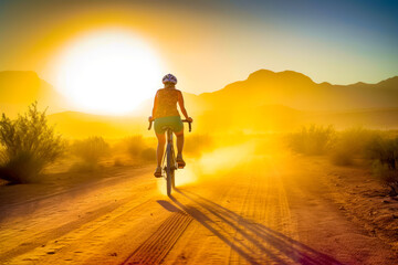 Fototapeta na wymiar Rear view of a woman riding a bike. Bicyclist on the dirt road at sunset on summer day. Silhouettes of mountains at backdrop. Generative AI.