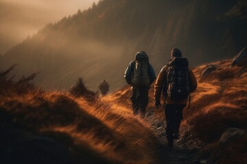 Fototapeta premium Adventure Seekers: Hiking and Enjoying Outdoor Sports and Activities in Scenic Landscapes. Generative AI