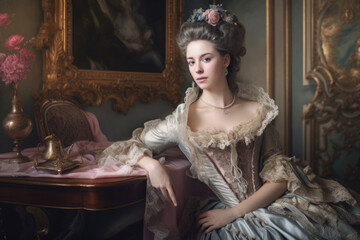Rococo-inspired portrait of a young woman in a charming indoor scene, wearing a fashionable dress adorned with lace and ribbons, generative ai - obrazy, fototapety, plakaty