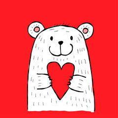 Cute bear with heart. Be my Valentine. Valentine's day banner, background, flyer, placard. Holiday poster for scrapbooking. Vector illustration card for greeting, decoration, congratulation