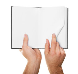 Man hand holding open book with infographic icons