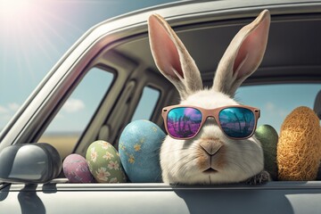 Fototapeta na wymiar Cute Easter Bunny with sunglasses looking out of a car filed with easter eggs. Generative AI