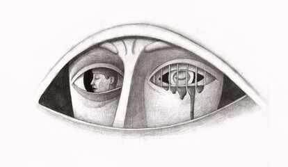 Drawing surreal illustration of depression and sadness concept. Conceptual art work.