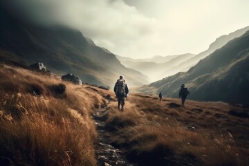 Obraz premium Adventure Seekers: Hiking and Enjoying Outdoor Sports and Activities in Scenic Landscapes. Generative AI