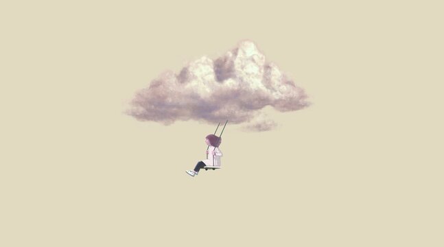 Girl and cloud. imagination and freedom concept