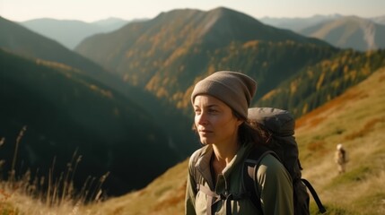 Smiling woman hiking in the mountains with a beautiful view. Generative AI.
