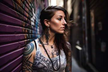 Obraz premium Soulful and contemplative portrait of a woman with intricate tattoos and a serious expression in an urban graffiti setting, generative ai