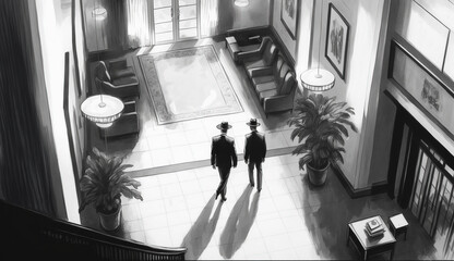 Two men in black on a mission, walking in the empty hotel lobby. Secret agents, private detectives.