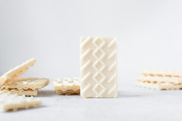 Vanilla wafers on a marble plate, wafer cookies filled with vanilla cream