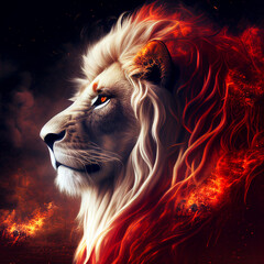 White Fire Red Lion - Fiery Illustration of a Majestic Wild Animal - generative AI