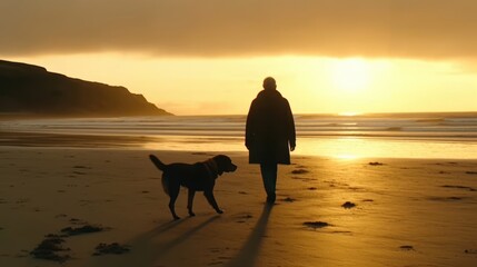 Happy man walking his dog on the beach during a beautiful sunset. Generative AI.