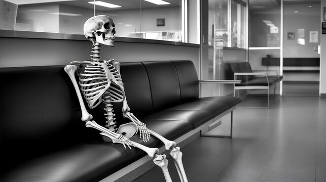 une personne a attendu trop longtemps dans une salle d'attente et s'est transform&eacute;e en squelette - generative ai