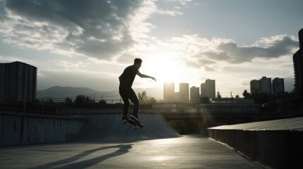 Fototapeta na wymiar Confident man skateboarding in a skate park with skill and precision. Generative AI.