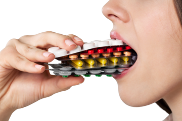 Young woman eating blister packs of pills