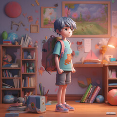A 3D character the boy goes from home to school