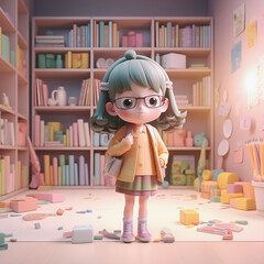 3D little girl  in library