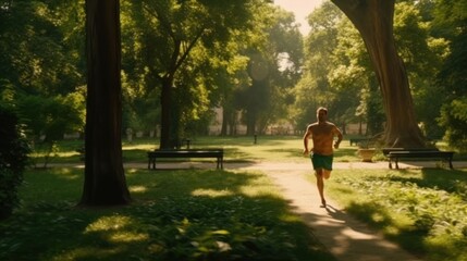 Energetic man running in a park on a sunny day with determination and speed. Generative AI.