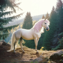 Plakat White horse with a pink mane