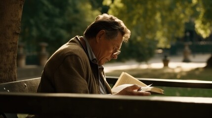 Fototapeta premium Pensive man sitting on a park bench with a book in hand, lost in thought. Generative AI.