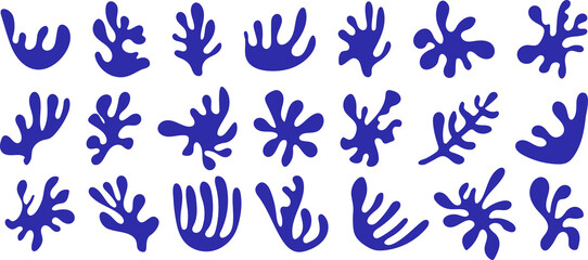 Fototapeta na wymiar Set of blue hand drawn sea shapes in Matisse style. PNG