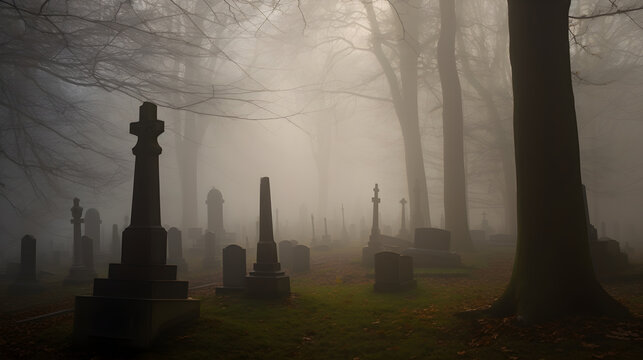 misty morning in the graveyard generative ai