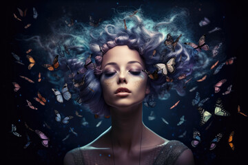 Surreal Portrait of a Woman with Galaxy Hair and Mechanical Butterflies, generative ai