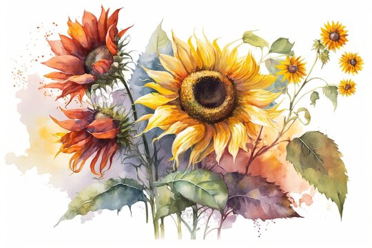 Watercolor of colorful spring Sunflowers. Generative AI
