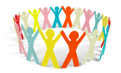 Team of paper chain people isolated on white background