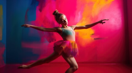 Fototapeta na wymiar Energetic girl dancing with a big smile in a colorful dance studio. Generative AI.
