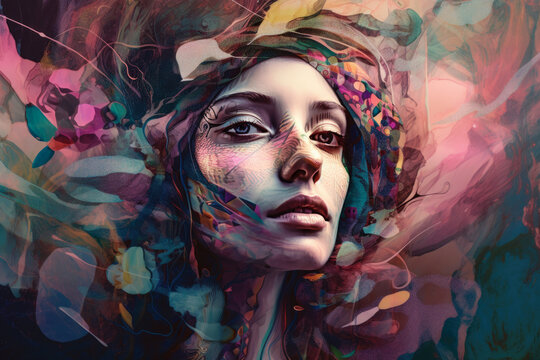 Surrealistic portrait of a woman with dreamlike elements in the modernist art style, generative ai © aicandy