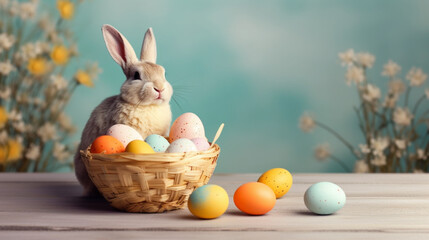 easter bunny sitting behind a basket filled with colorful easter eggs generated by AI