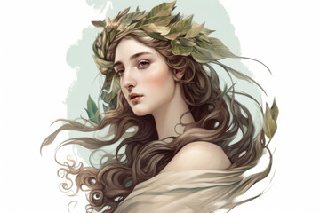The Muse of Epic Poetry portrait of a woman with flowing hair and a laurel wreath, inspired by the ancient Greek goddesses of art and literature, generative ai