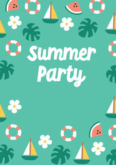 Fototapeta na wymiar summer party template. tropical exotic leaves green botanical background. summer watermelon background
