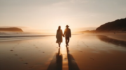 Happy couple walking hand in hand on a beach during a beautiful sunset. Generative AI.