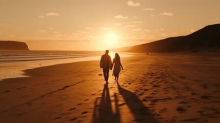 Fototapeta na wymiar Happy couple walking hand in hand on a beach during a beautiful sunset. Generative AI.