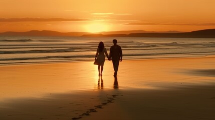 Fototapeta na wymiar Happy couple walking hand in hand on a beach during a beautiful sunset. Generative AI.