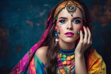 Vibrant Bollywood actress in a colorful outfit with intricate makeup and playful expression, generative ai