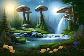 Enchanted Moonlit Clearing: Fairy Forest with Giant Glowing Mushrooms with Generative AI