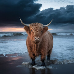 scottish highland cow in the water