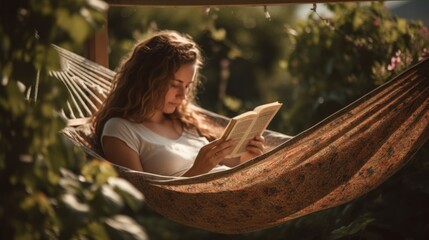 Relaxed woman reading a book on a hammock in a beautiful garden. Generative AI.