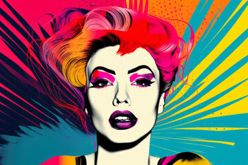 Vibrant Pop Art Portrait of a Confident Woman with Bold Red Lips and Colorful Hair, generative ai