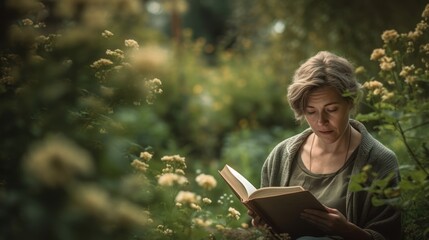 Thoughtful woman reading a book on a bench in a beautiful garden. Generative AI.
