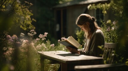 Fototapeta premium Thoughtful woman reading a book on a bench in a beautiful garden. Generative AI.