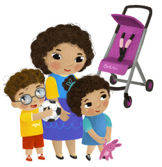 cartoon scene with mother and kids boy and girl near baby carriage playing on white background illustration for children