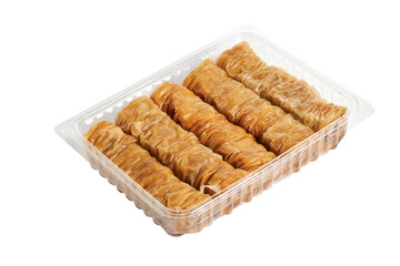 Turkish sweet pastry baklava with walnuts isolated on white background. 