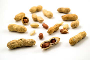 Dried peanuts in closeup on white